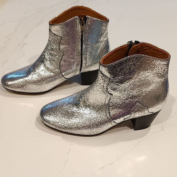 Isabel Marant Silver Metallic Dicker  Leather Ankle Boots - Picture 1 of 10